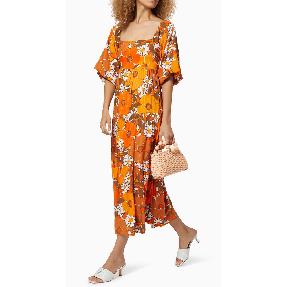 Faithfull The Brand Kiona Orange Isola Floral Puff Sleeve Midi Dress NWT 6